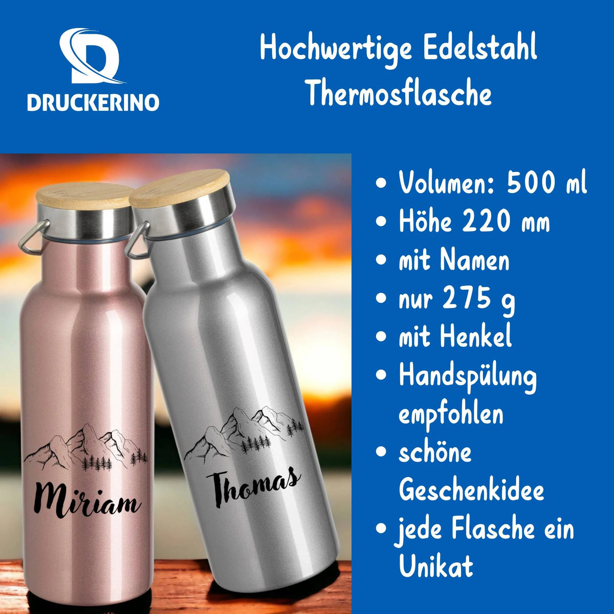 Trinkflasche mit Namen personalisiert, Wandern, Berge