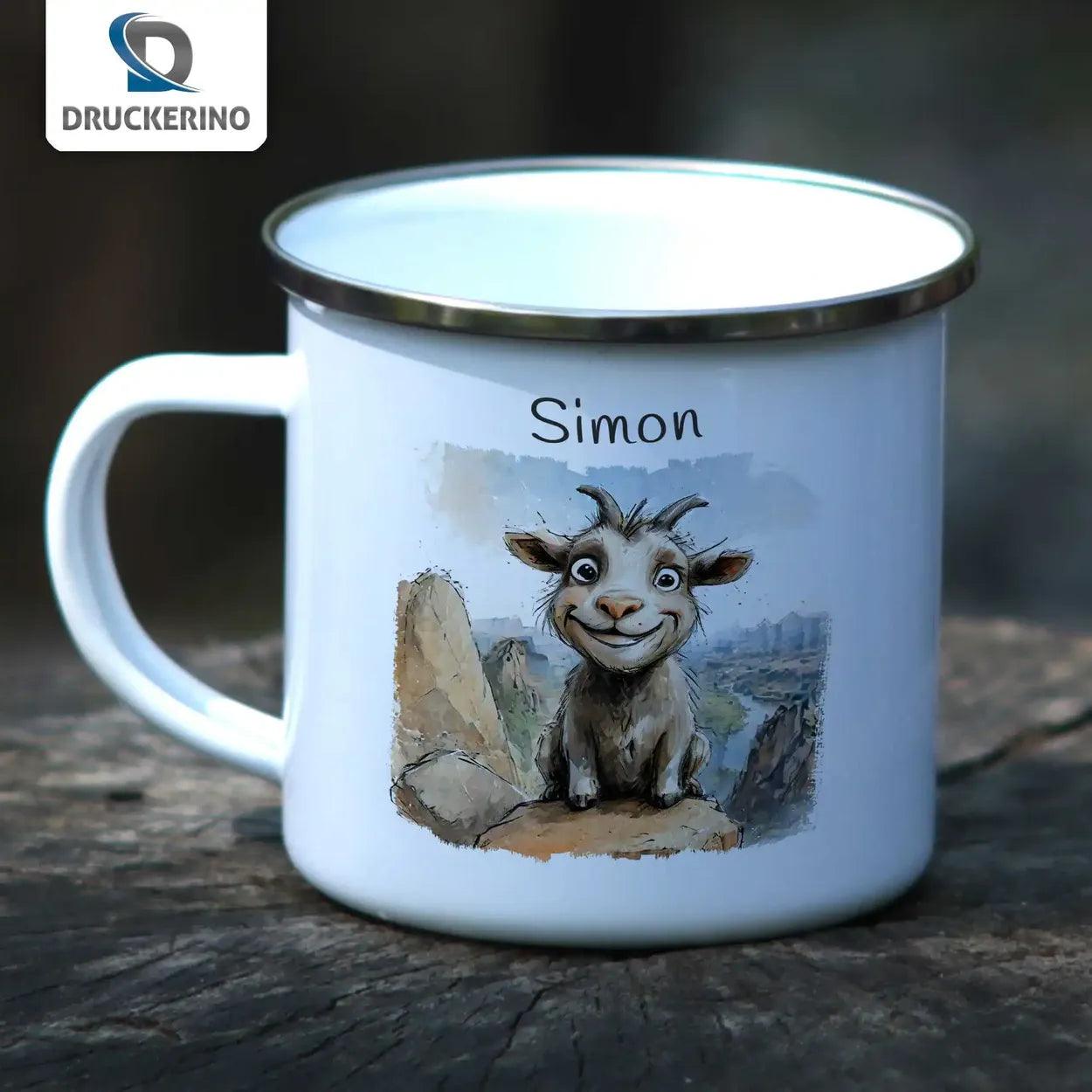 Emaille Tasse Abenteuer-Bergziege - Druckerino
