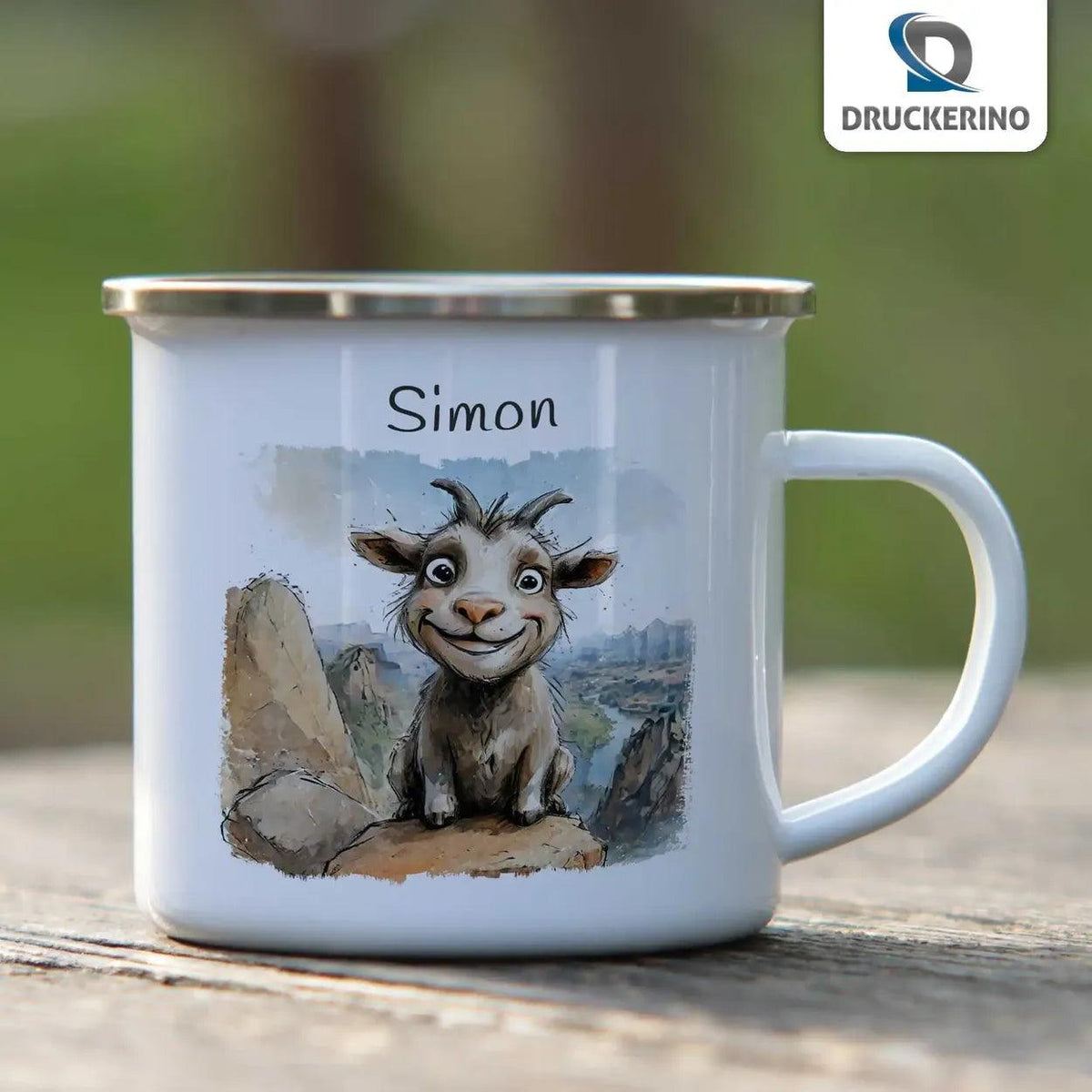 Emaille Tasse Abenteuer-Bergziege - Druckerino