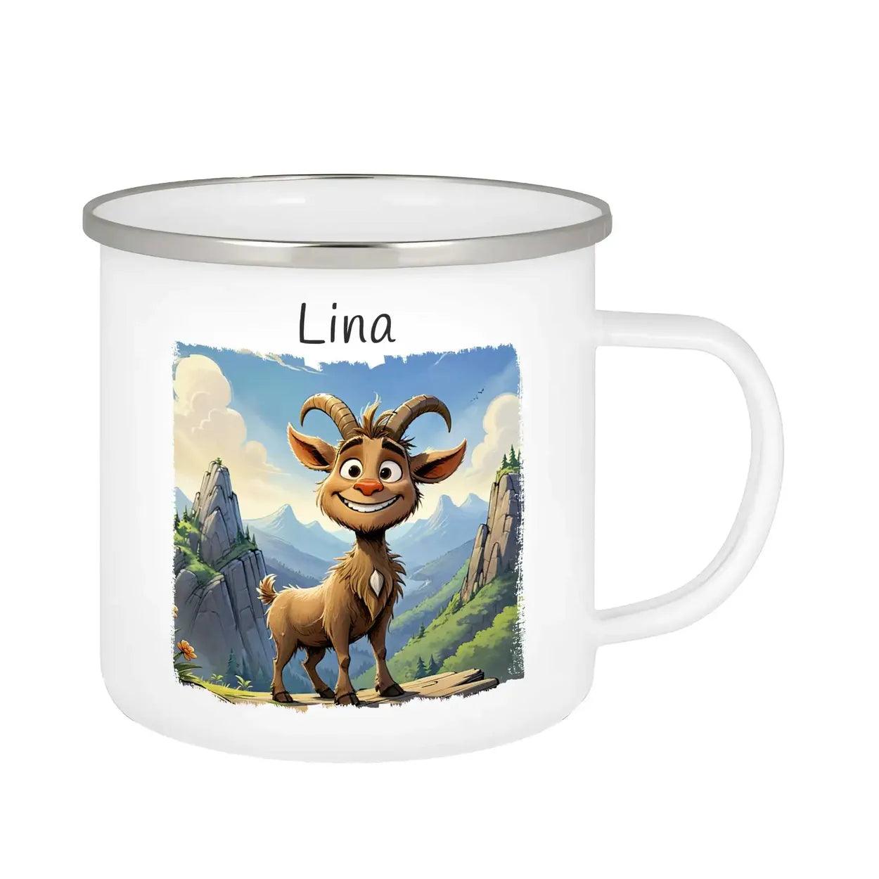 Emaille Tasse Abenteuer Ziege - Druckerino