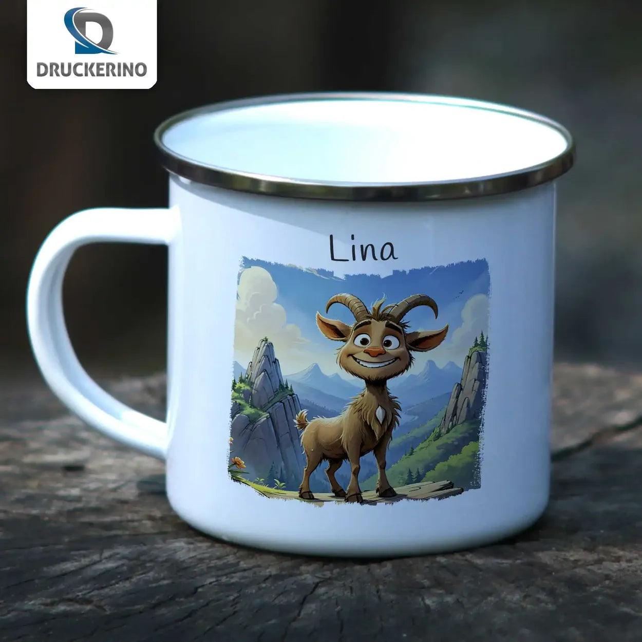 Emaille Tasse Abenteuer Ziege - Druckerino