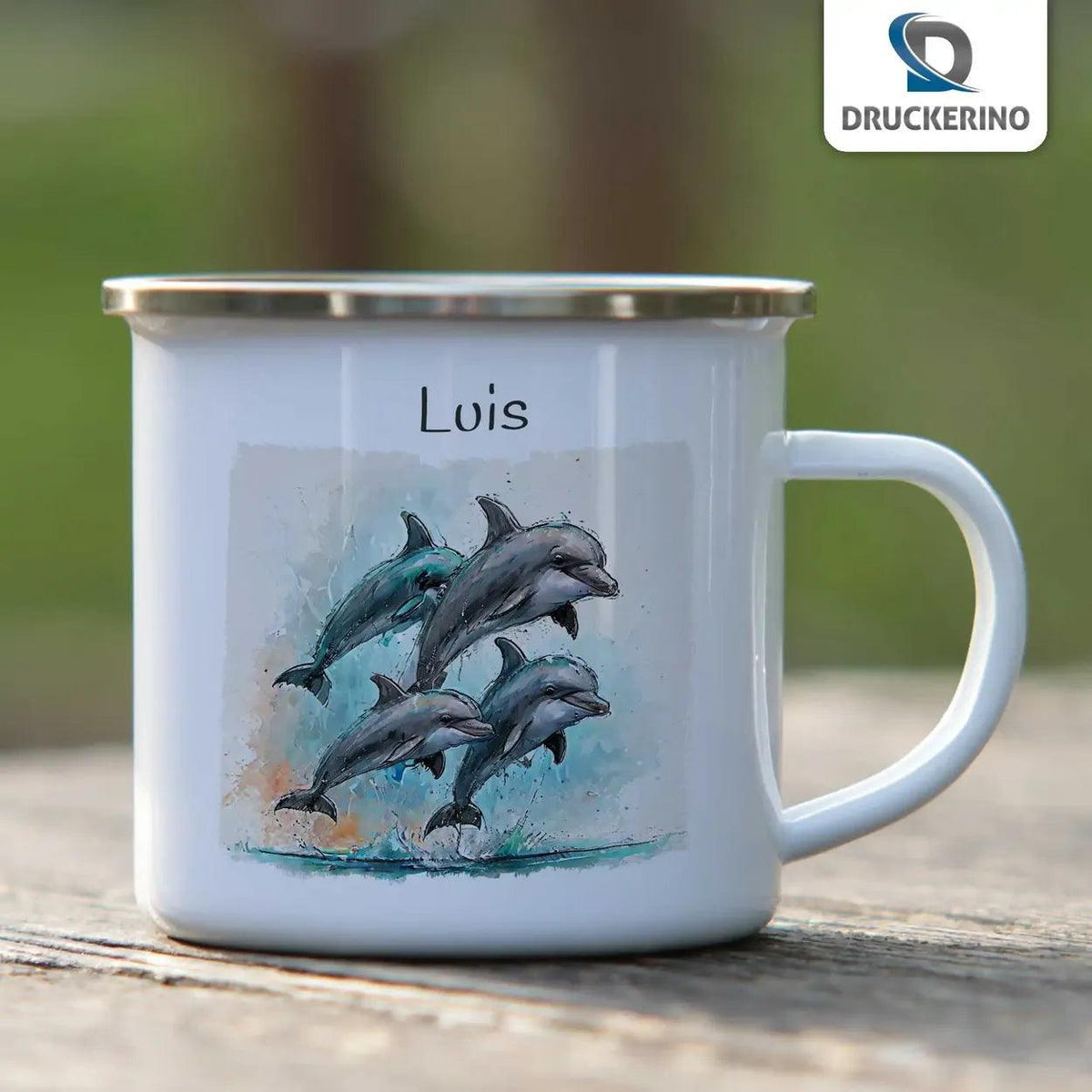 Emaille Tasse Delfine im Glück - Druckerino