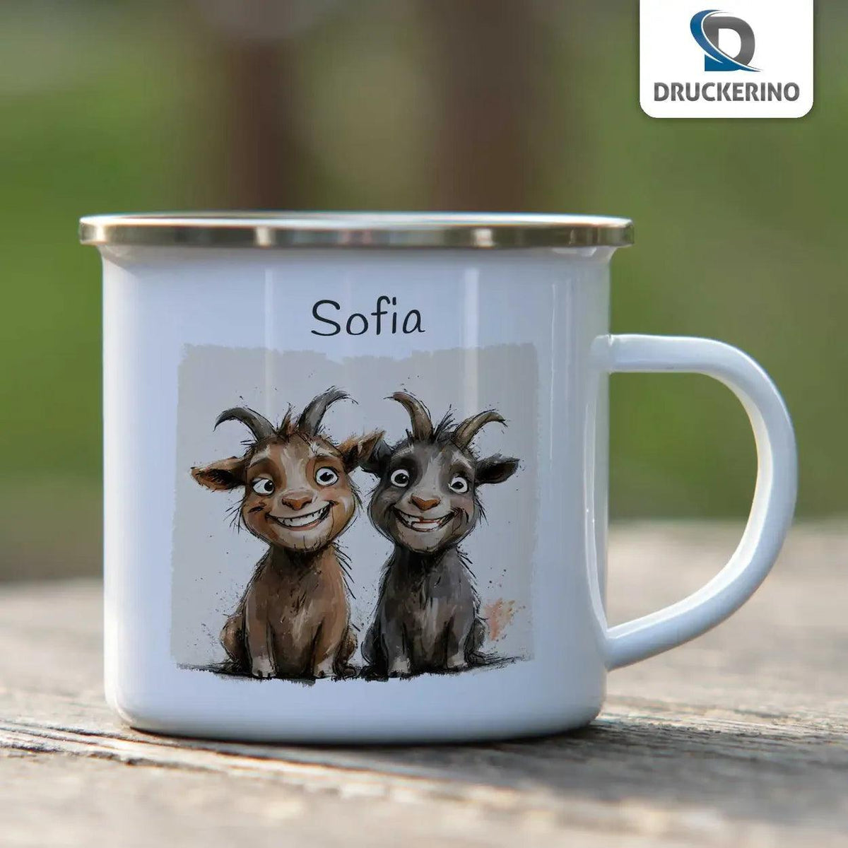 Emaille Tasse Freche Ziegenbande - Druckerino