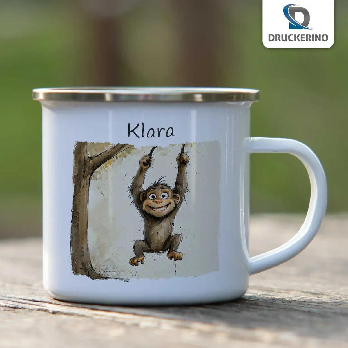 Emaille Tasse Frecher Kletteraffe - Druckerino