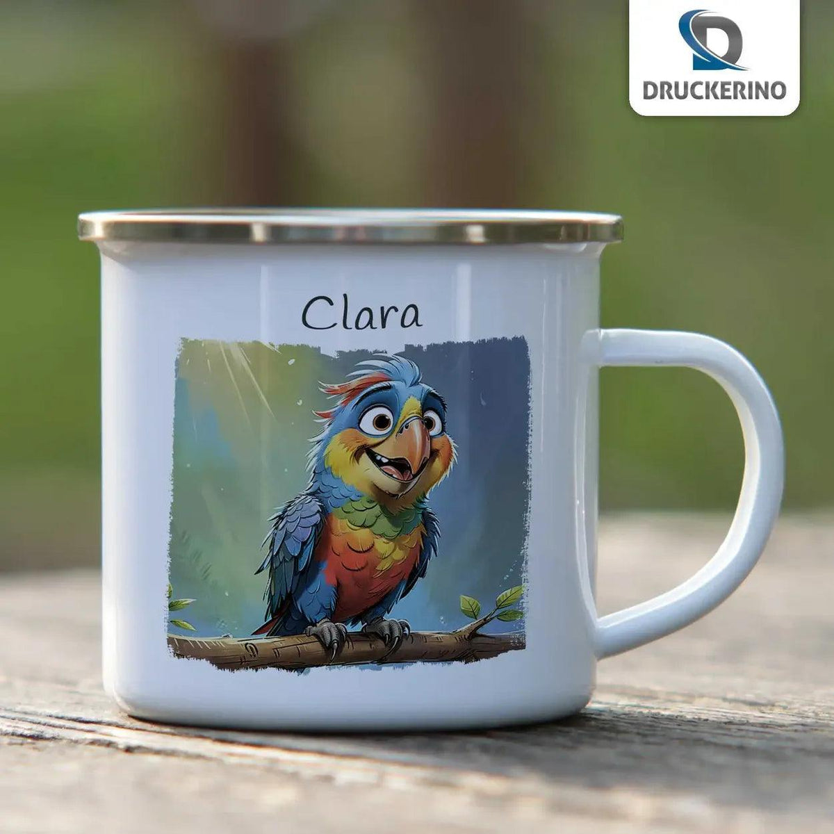 Emaille Tasse Frecher Plaudervogel - Druckerino