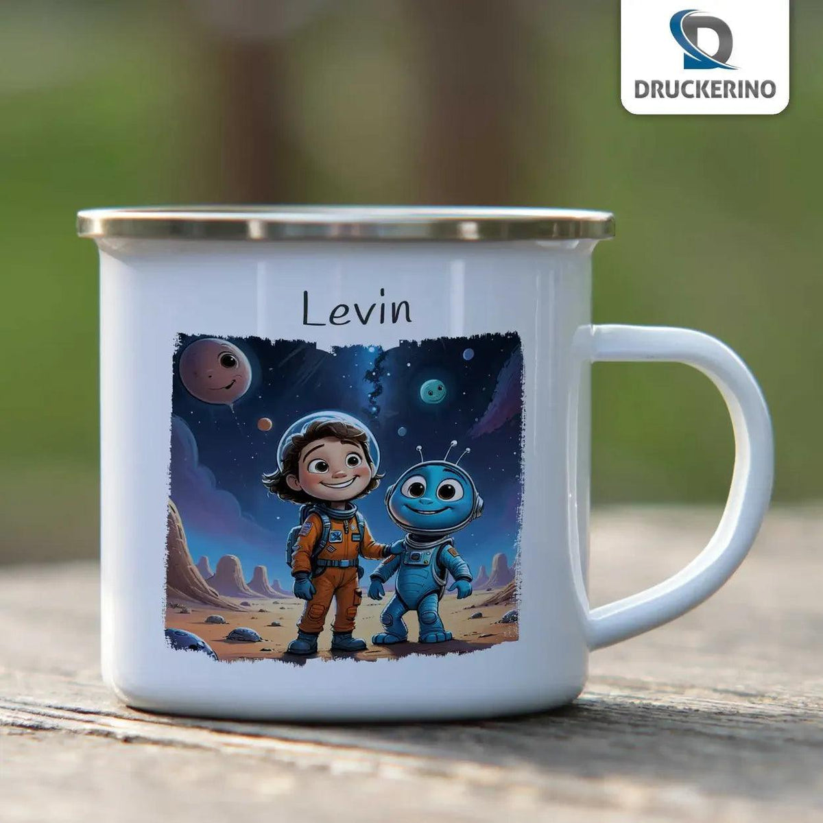 Emaille Tasse Kleine Weltraumhelden - Druckerino