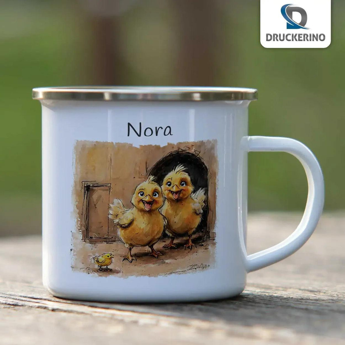 Emaille Tasse Kükenchaos - Druckerino