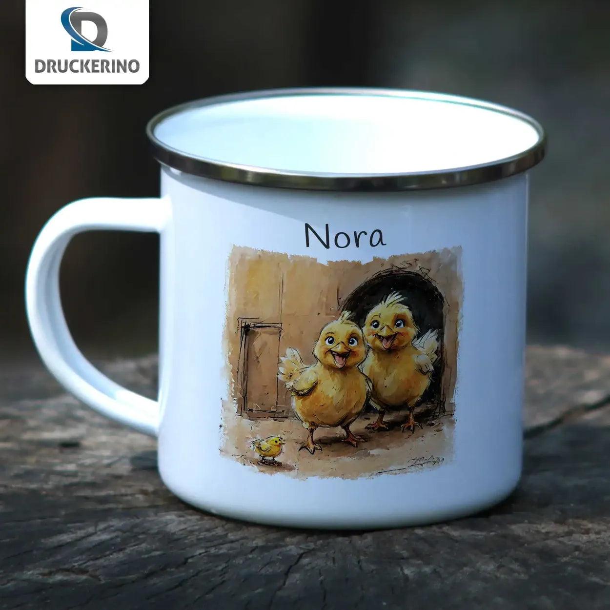 Emaille Tasse Kükenchaos - Druckerino