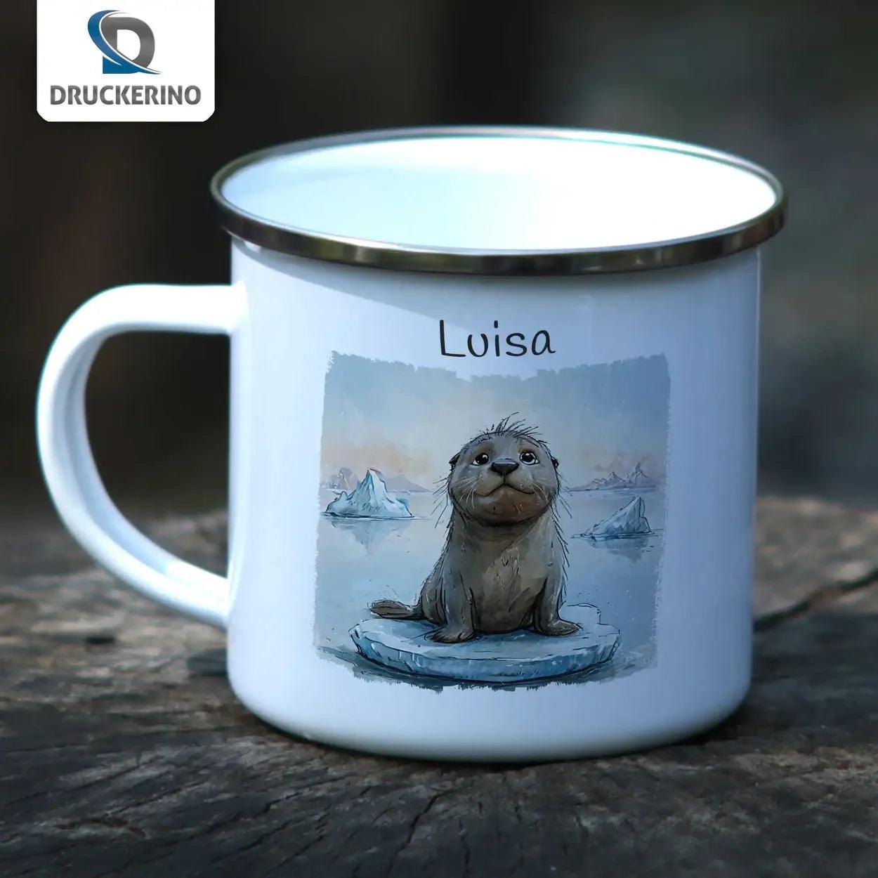 Emaille Tasse Kulleraugen-Robbe - Druckerino
