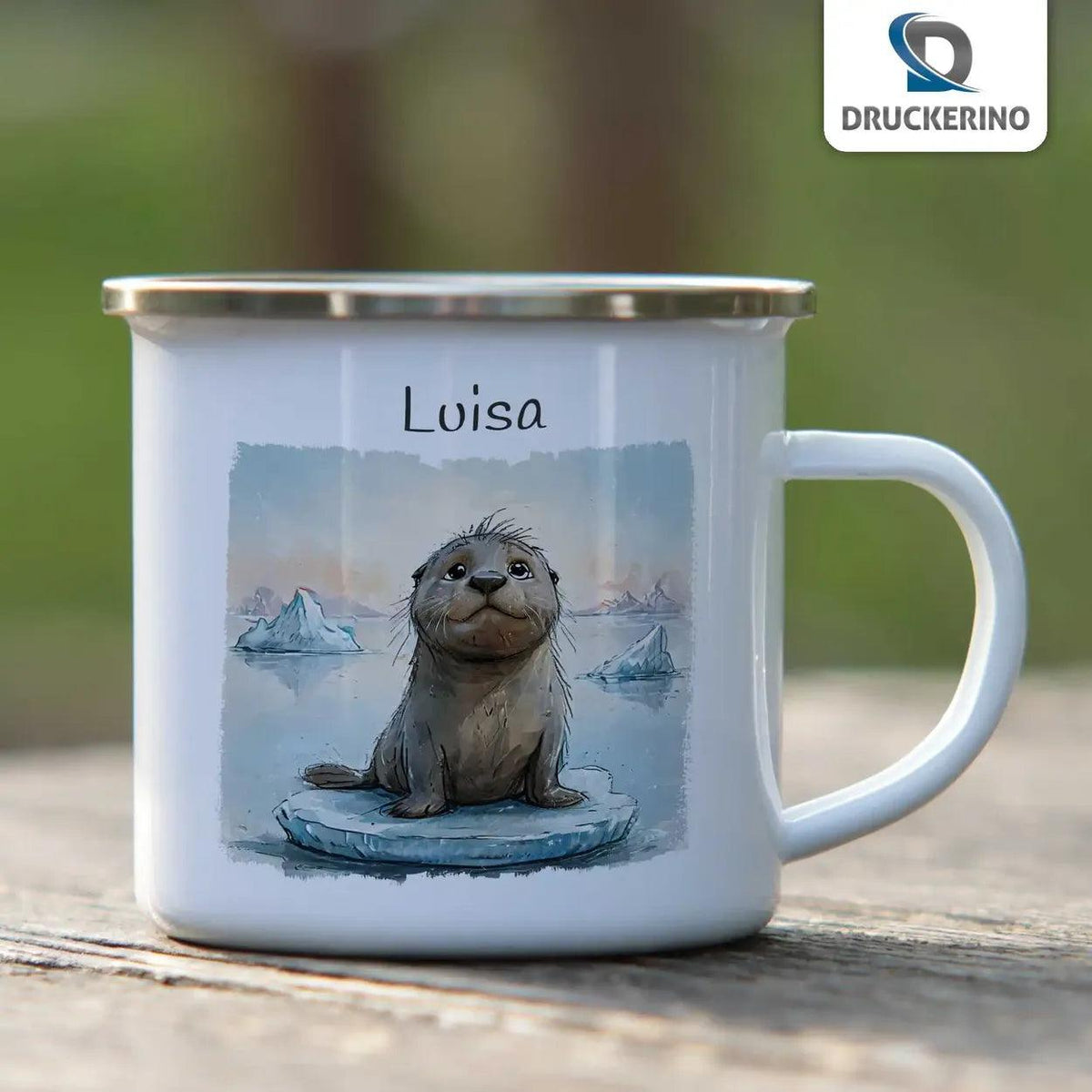 Emaille Tasse Kulleraugen-Robbe - Druckerino