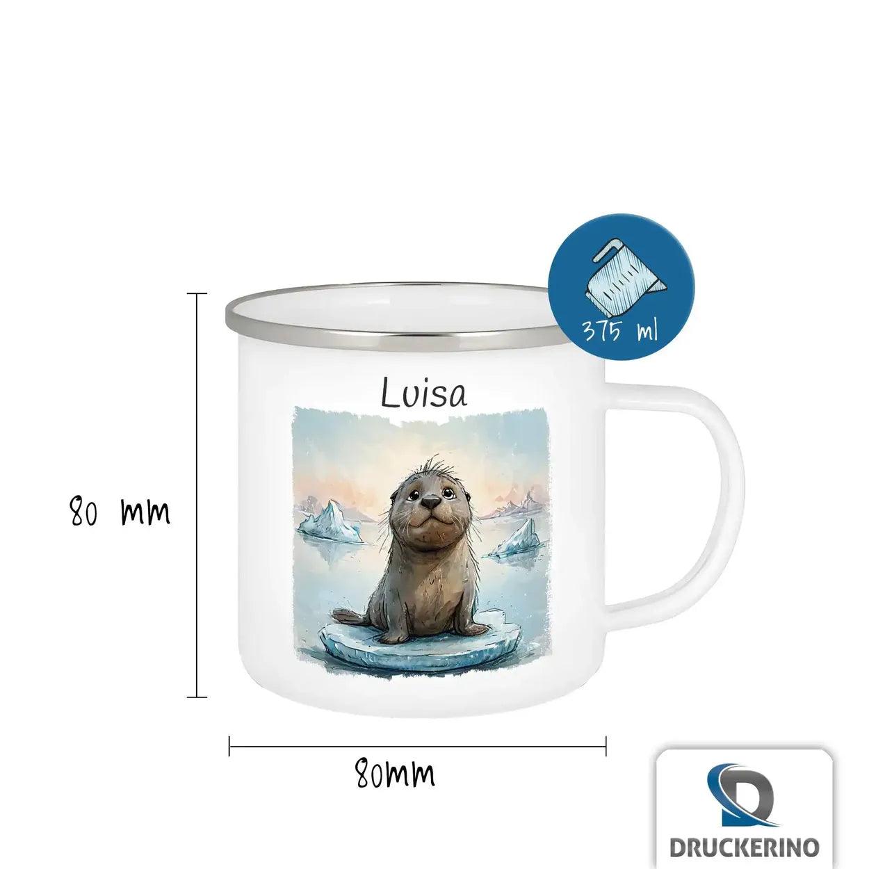 Emaille Tasse Kulleraugen-Robbe - Druckerino