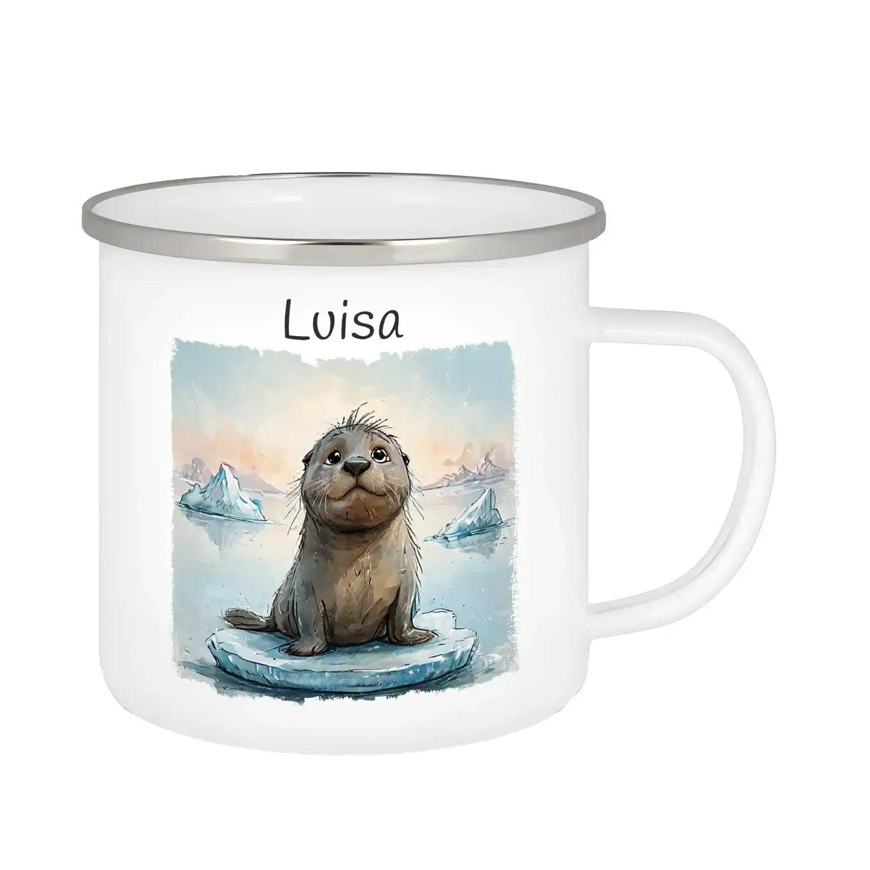 Emaille Tasse Kulleraugen-Robbe - Druckerino
