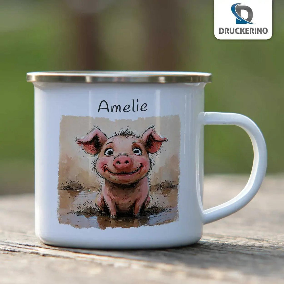 Emaille Tasse Matschglück Schweinchen - Druckerino