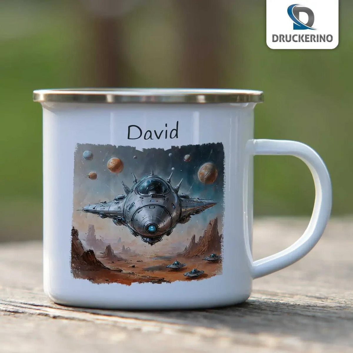 Emaille Tasse Mission Weltall - Druckerino