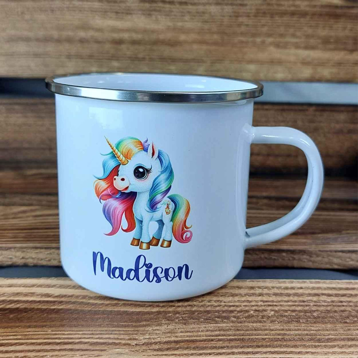 Emaille Tasse mit Namen und Einhorn - Druckerino