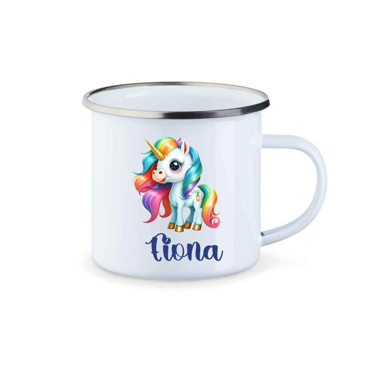 Emaille Tasse mit Namen und Einhorn - Druckerino