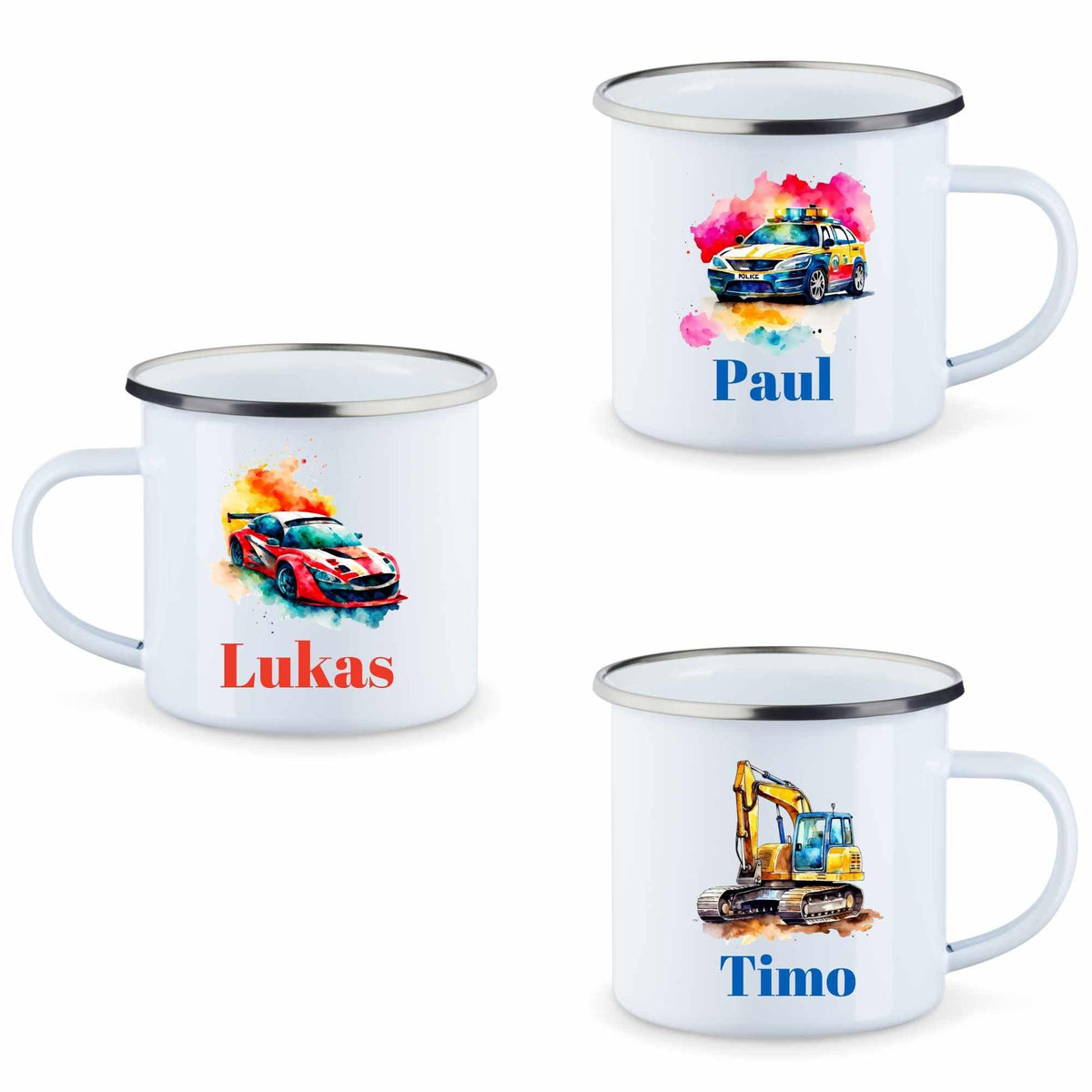 Emaille Tasse mit Namen und Fahrzeugen - Druckerino