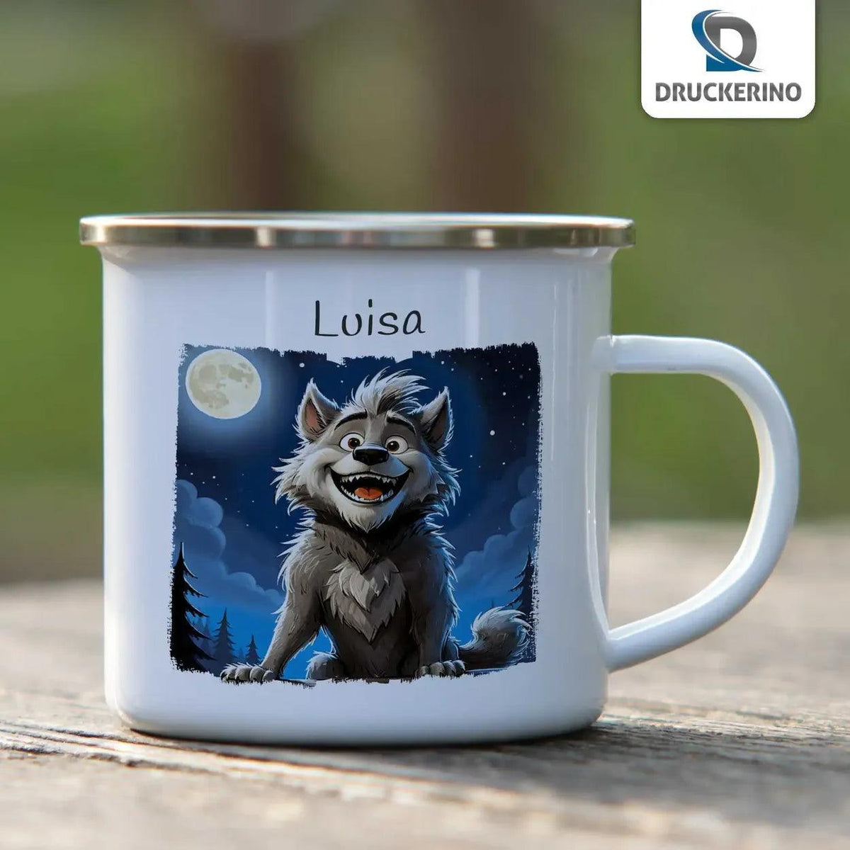 Emaille Tasse Mondnacht Wolf - Druckerino