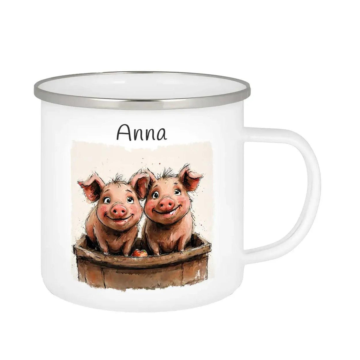 Emaille Tasse Muntere Ferkelfreunde - Druckerino