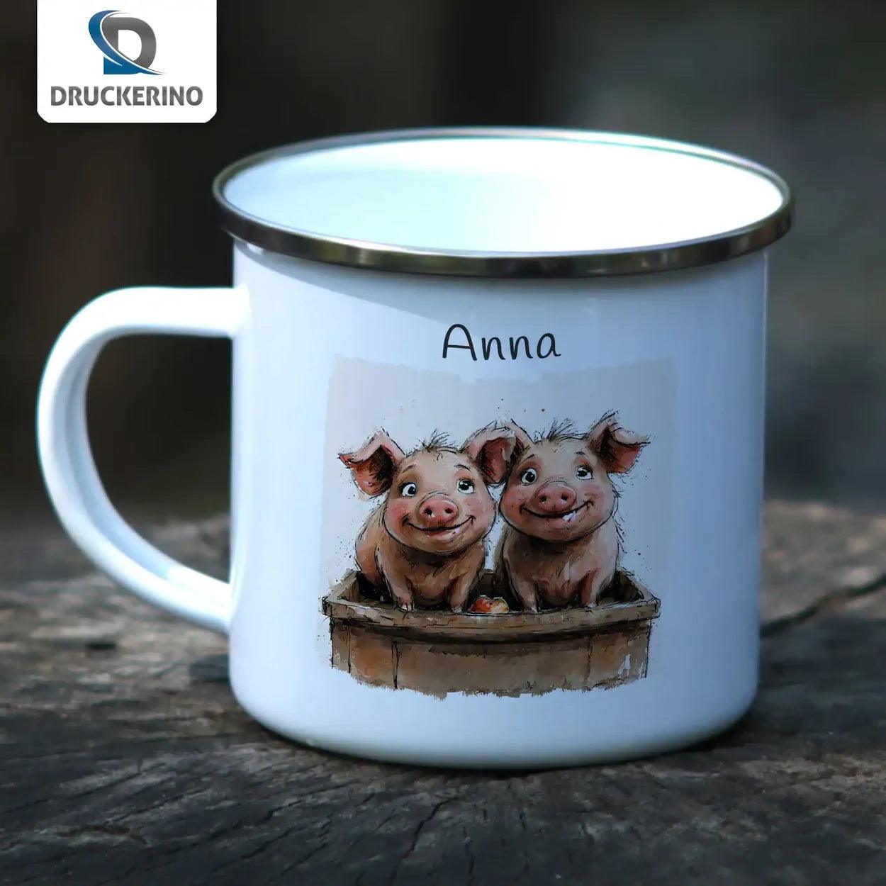 Emaille Tasse Muntere Ferkelfreunde - Druckerino