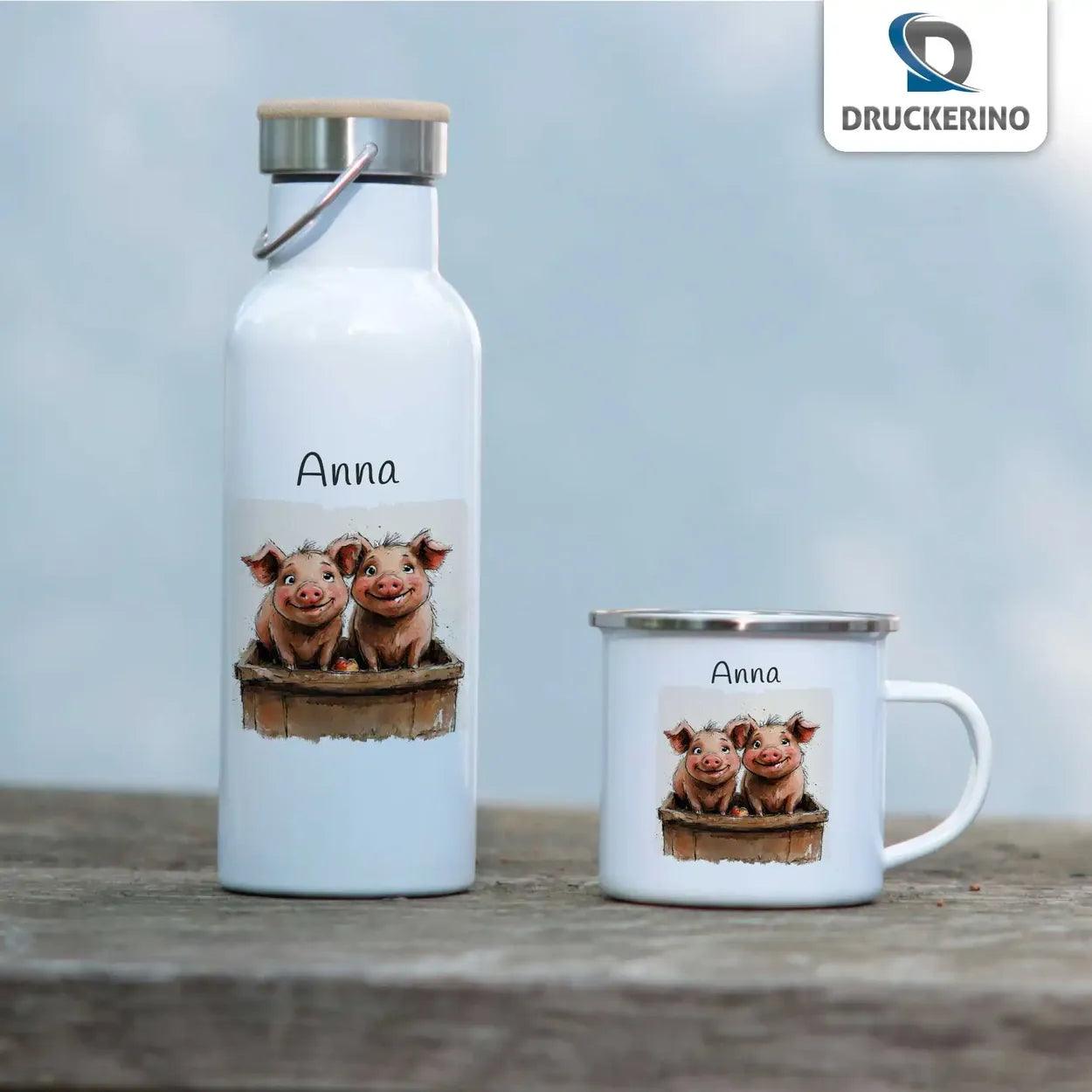 Emaille Tasse Muntere Ferkelfreunde - Druckerino