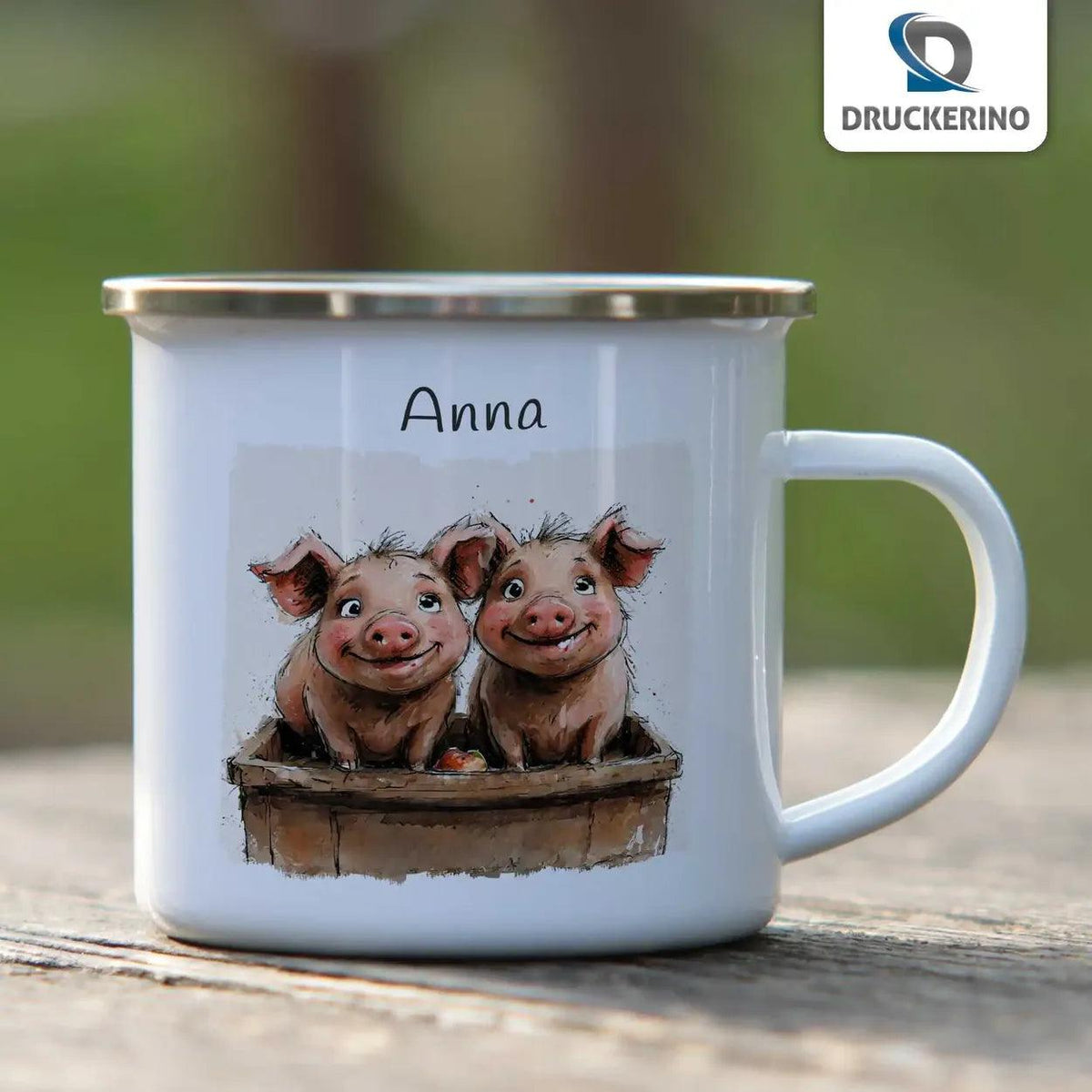 Emaille Tasse Muntere Ferkelfreunde - Druckerino