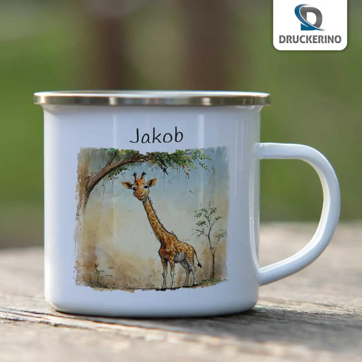 Emaille Tasse Neugierige Giraffe - Druckerino