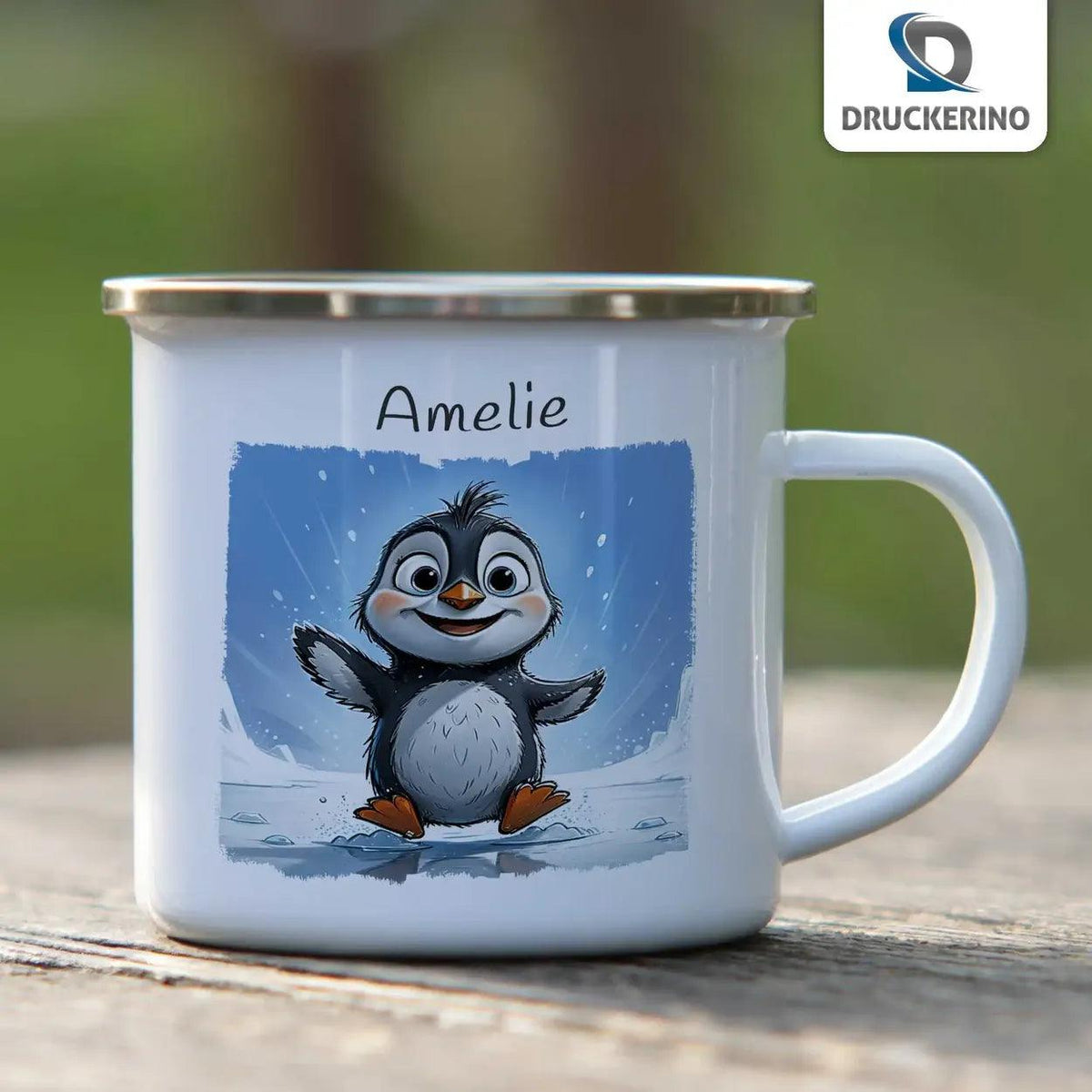 Emaille Tasse Pinguin-Abenteuer - Druckerino