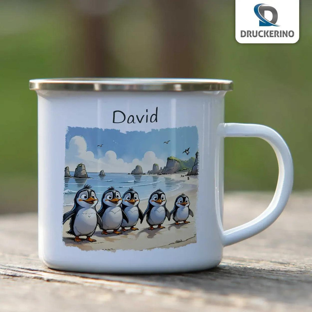 Emaille Tasse Pinguin Abenteuer - Druckerino