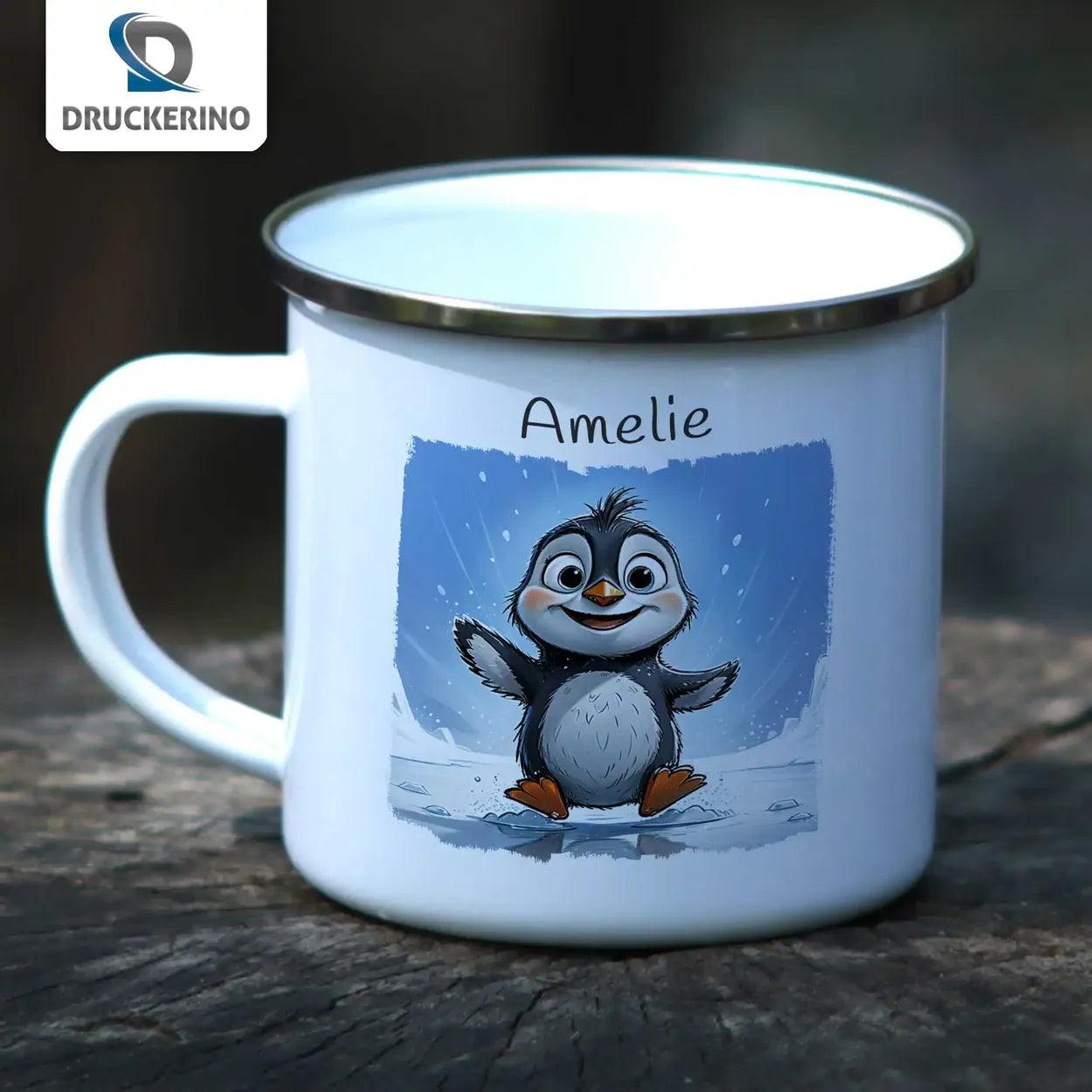 Emaille Tasse Pinguin-Abenteuer - Druckerino