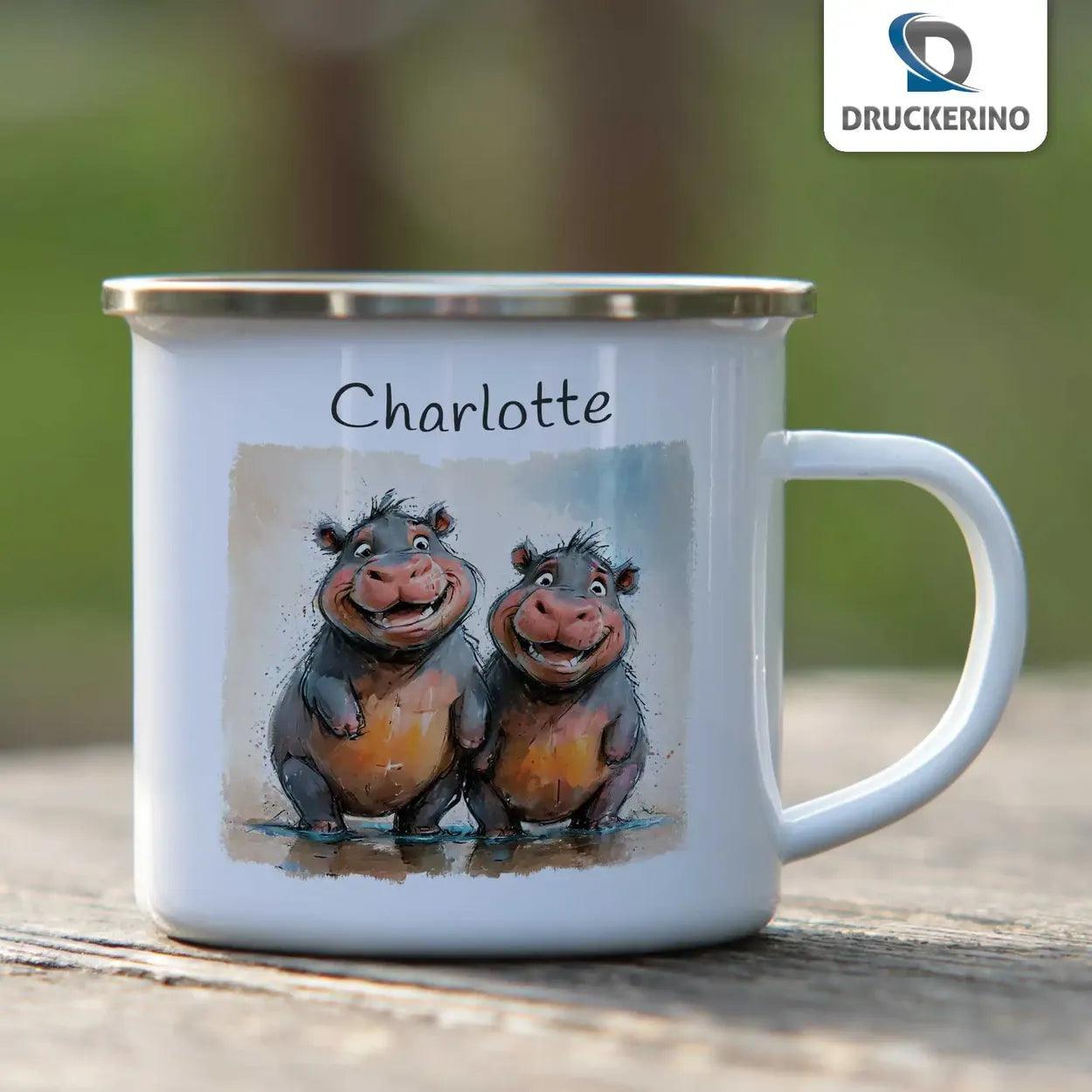 Emaille Tasse Plansch-Hippos - Druckerino