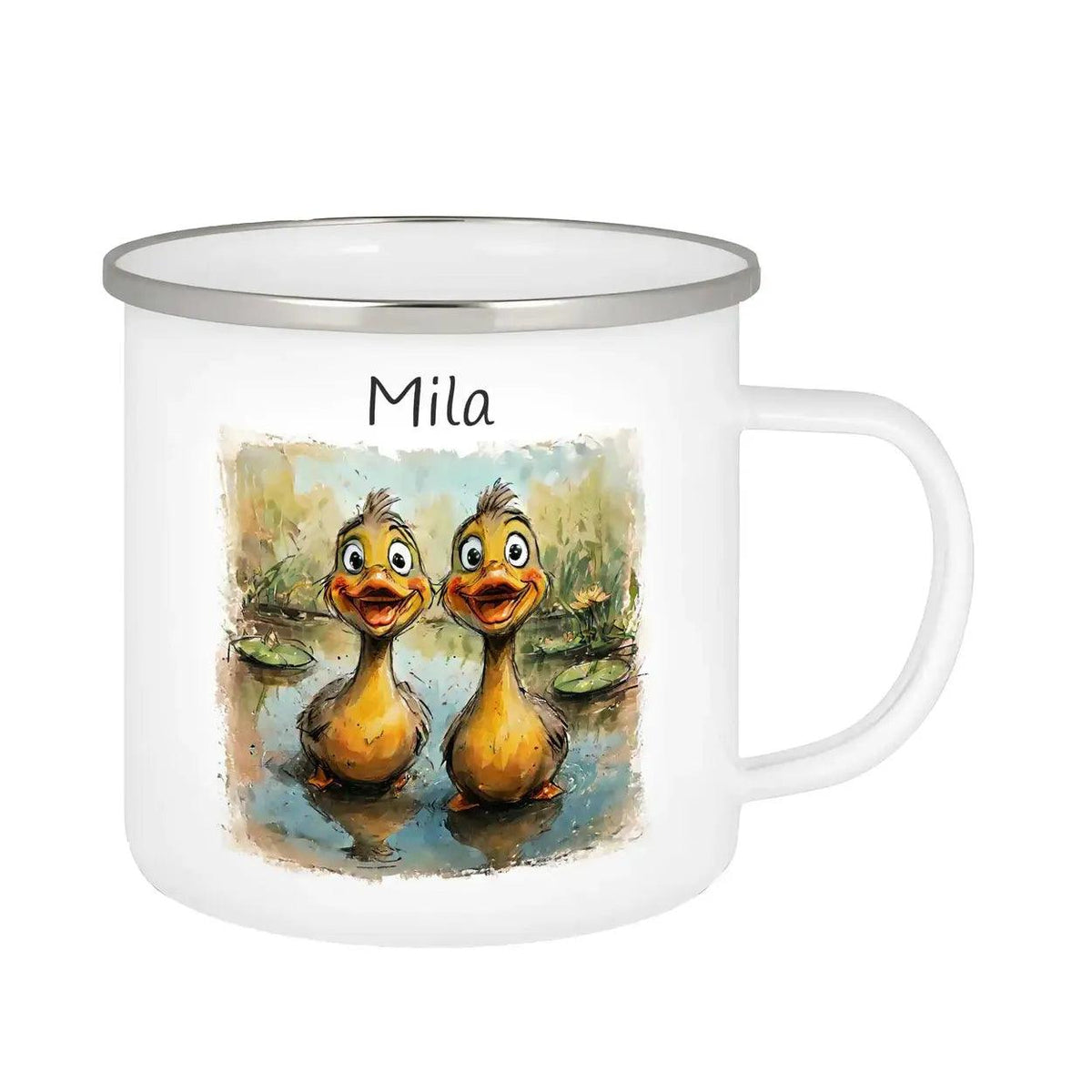 Emaille Tasse Quitschvergnügte Entenfreunde - Druckerino