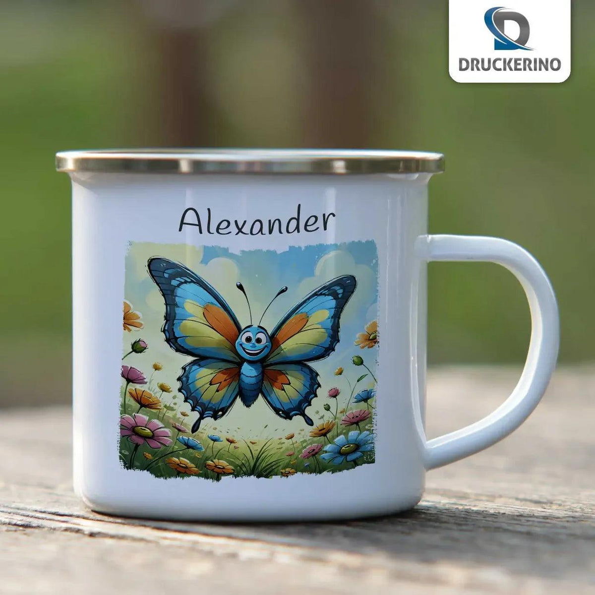 Emaille Tasse Sonnen-Schmetterling - Druckerino
