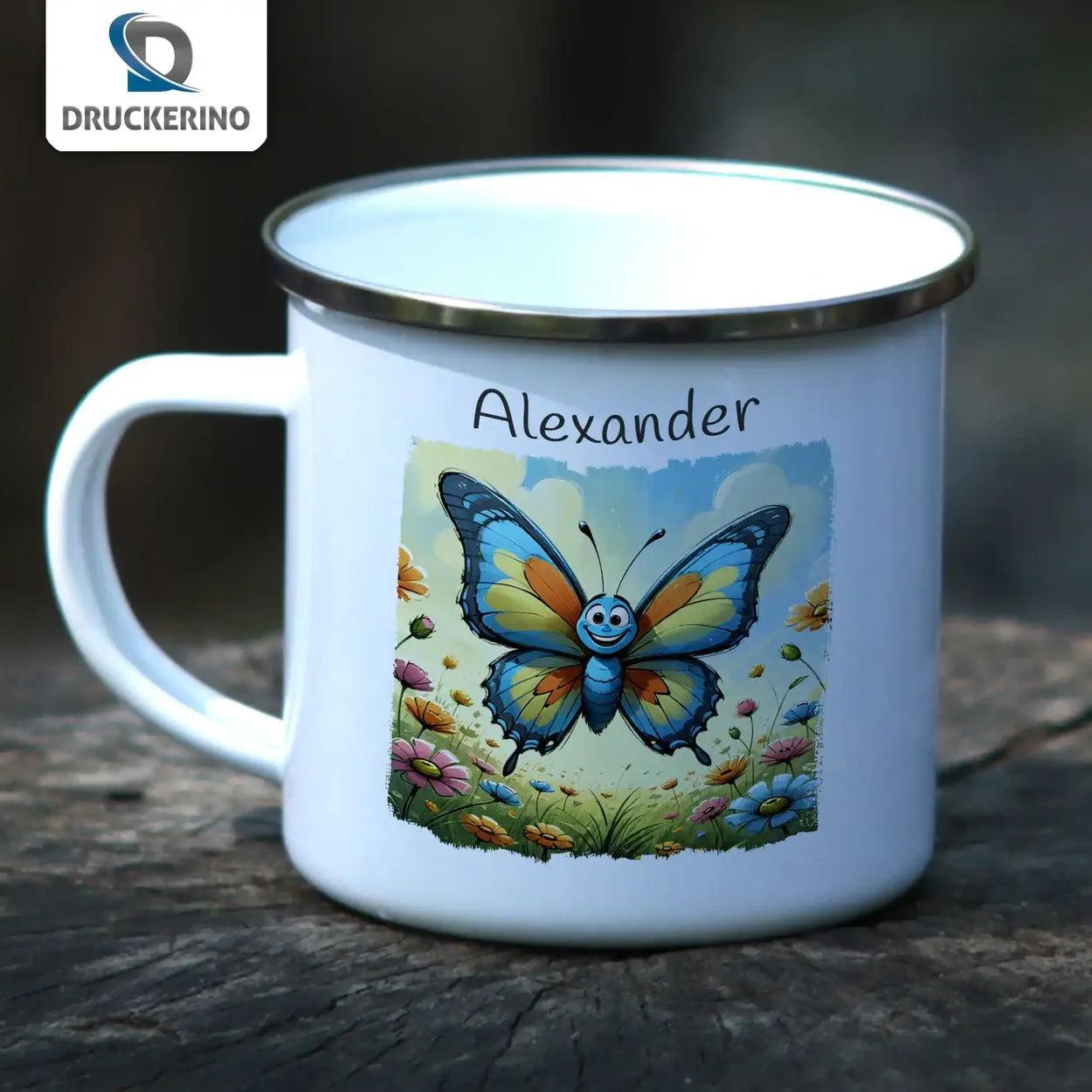 Emaille Tasse Sonnen-Schmetterling - Druckerino