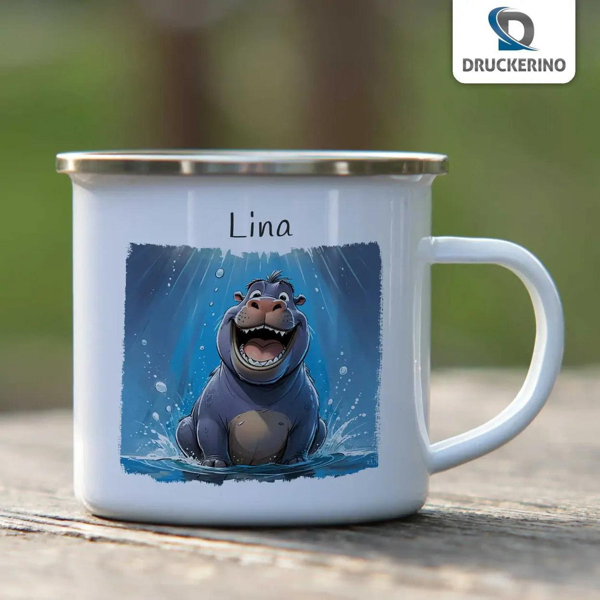 Emaille Tasse Spritziges Nilpferd - Druckerino