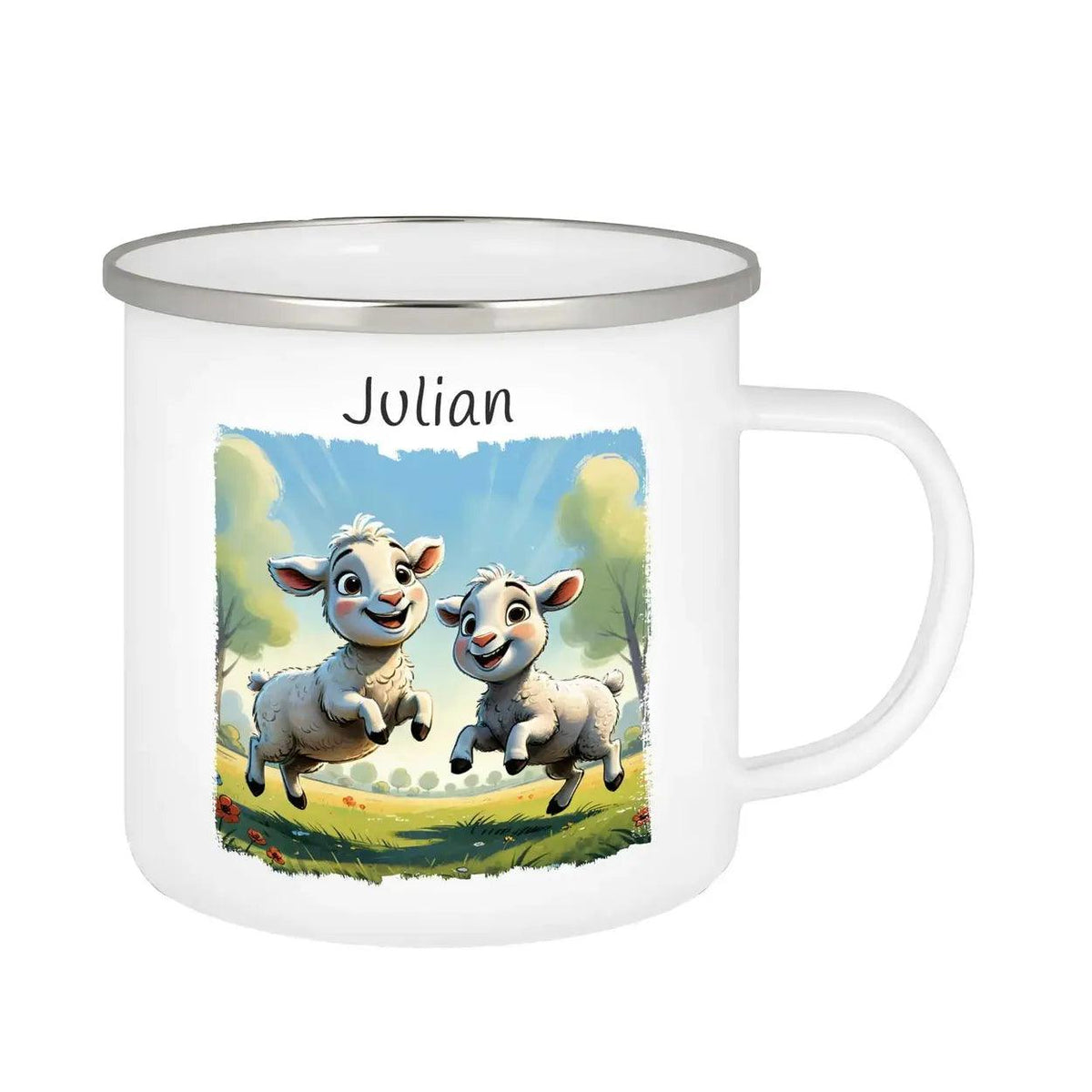 Emaille Tasse Unzertrennliche Lämmerfreunde - Druckerino