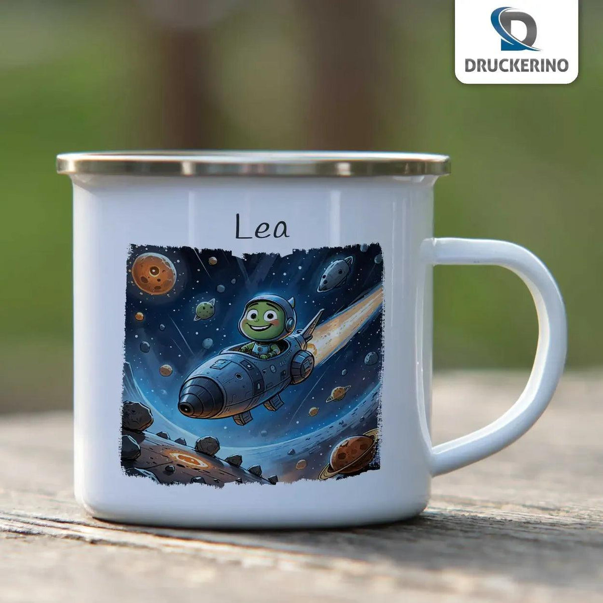 Emaille Tasse Weltraumabenteuer - Druckerino
