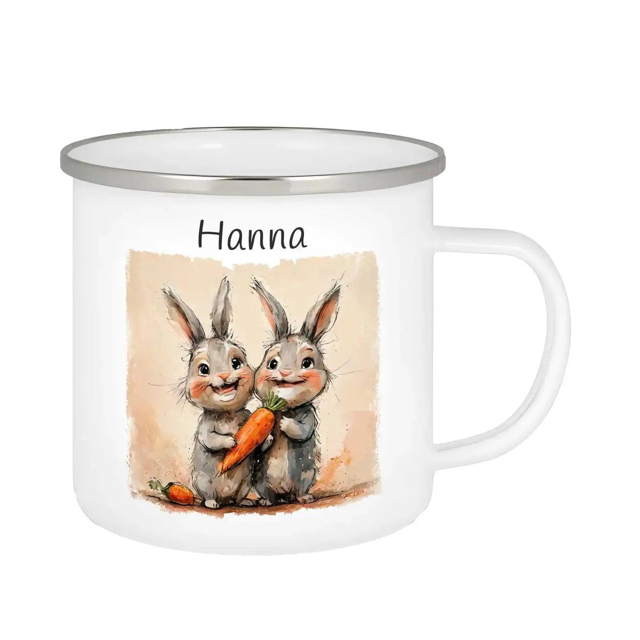 Emaille Tasse Zauberhafte Hasenfreunde - Druckerino