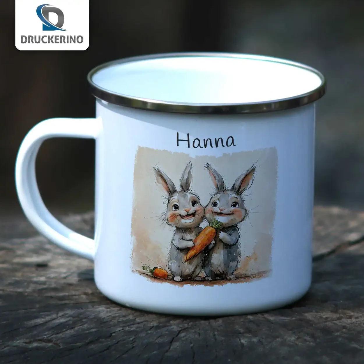 Emaille Tasse Zauberhafte Hasenfreunde - Druckerino