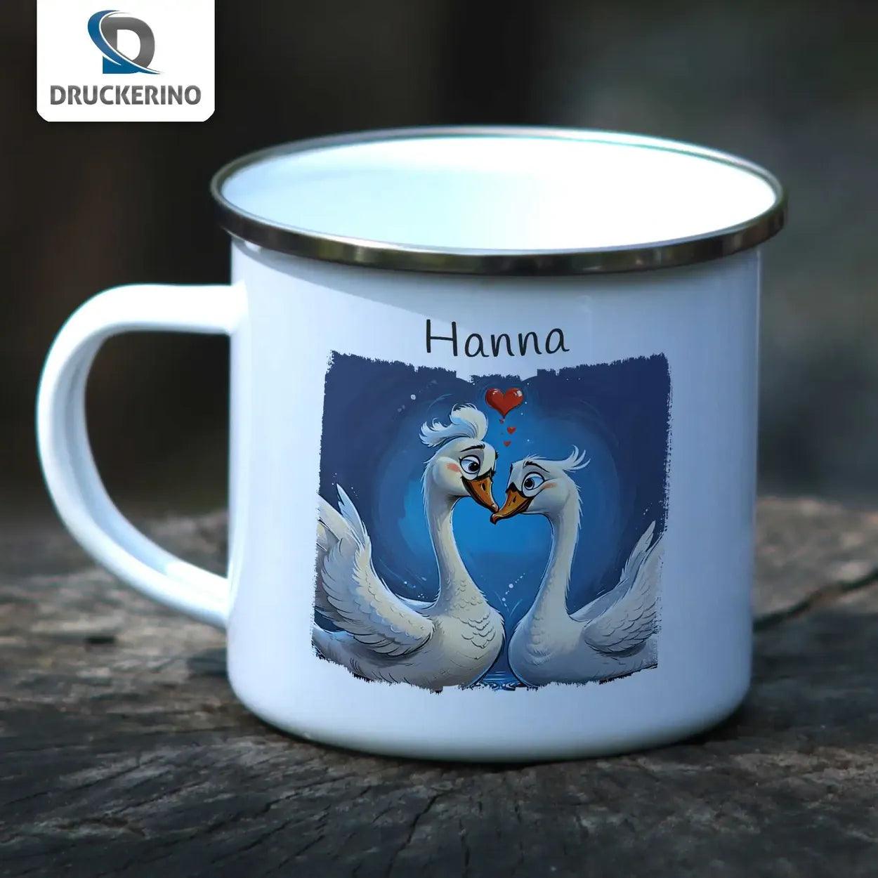 Emaille Tasse Zauberhafte Schwanenfreundschaft - Druckerino