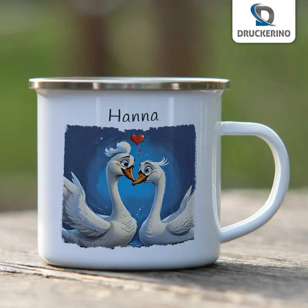 Emaille Tasse Zauberhafte Schwanenfreundschaft - Druckerino