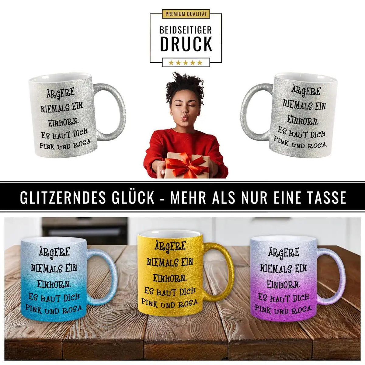 Glitzertasse - Ärgere niemals ein Einhorn - Druckerino