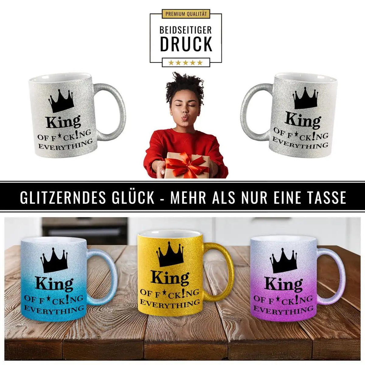 Glitzertasse - King of f... everything - blue - Druckerino