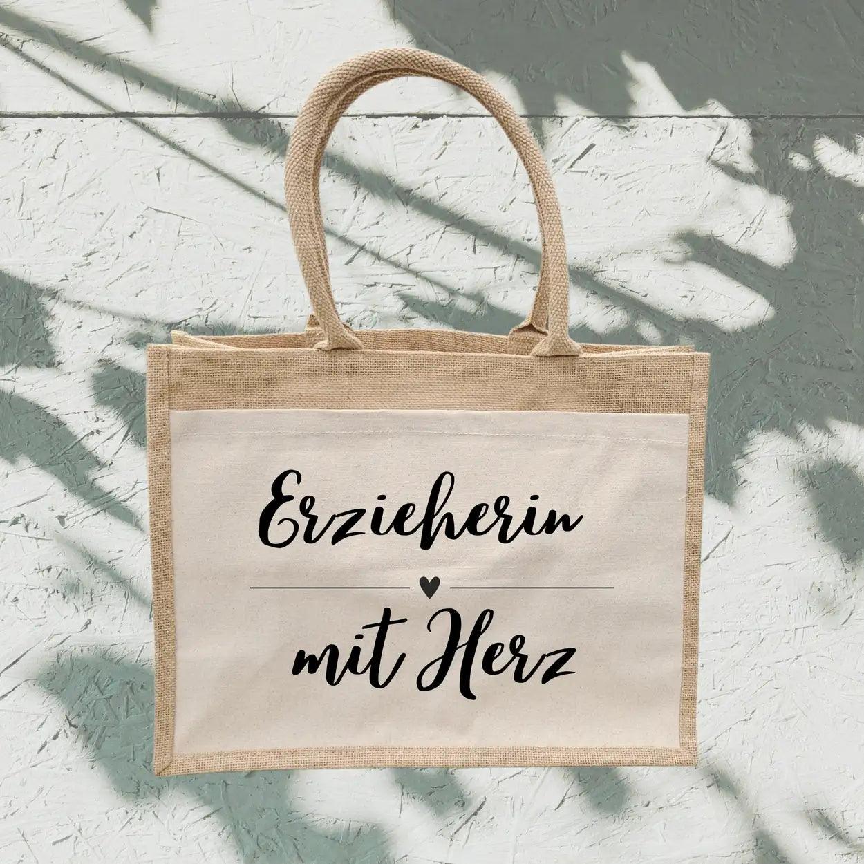 Jutetasche Erzieherin mit Herz - Druckerino