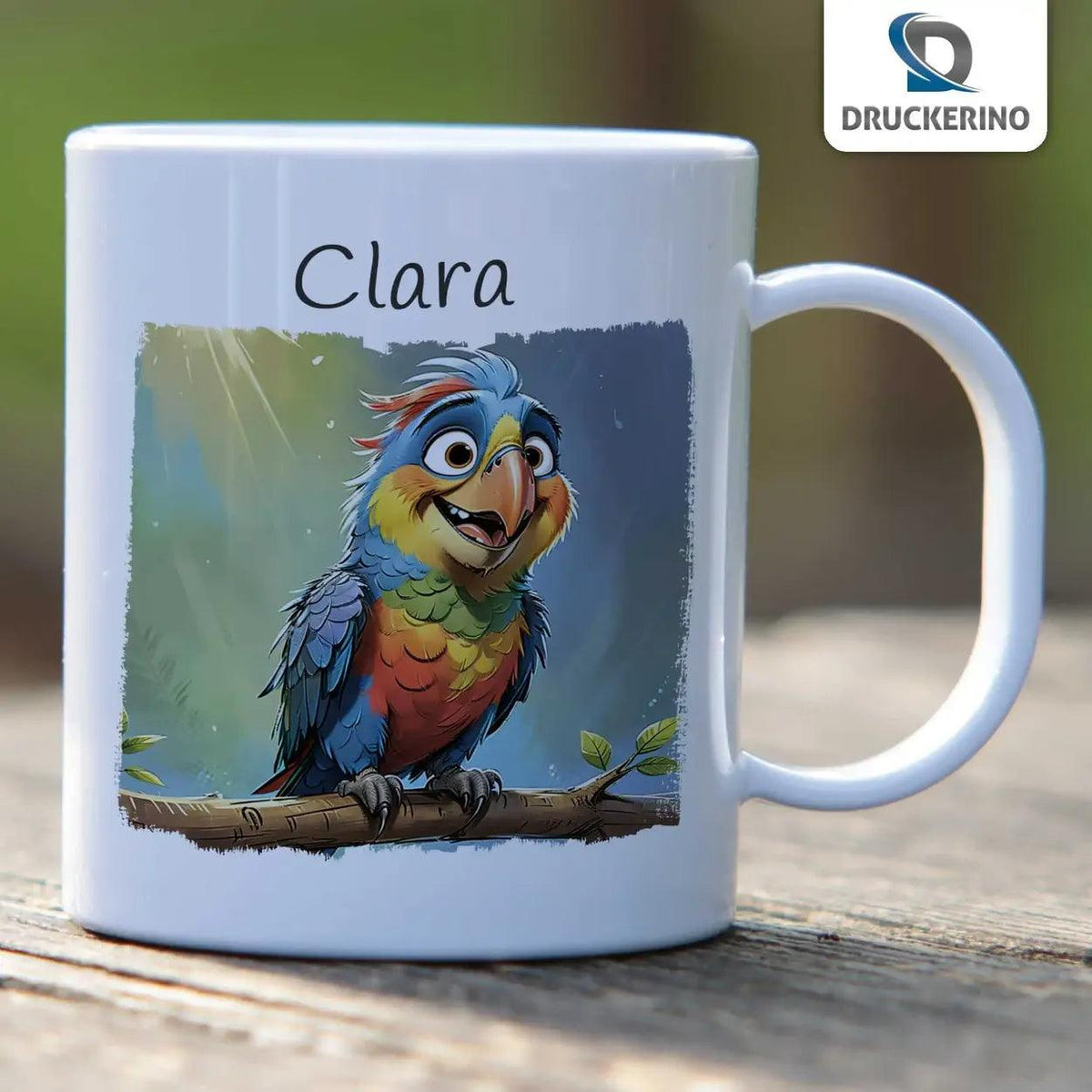 Kindertasse mit Namen | Abenteuer Papagei - Druckerino