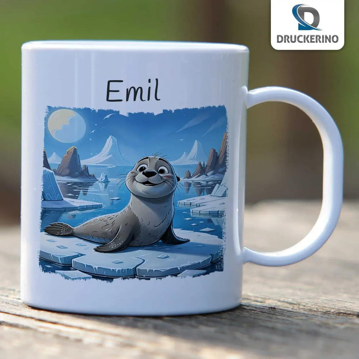 Kindertasse mit Namen | Abenteuer-Seehund - Druckerino