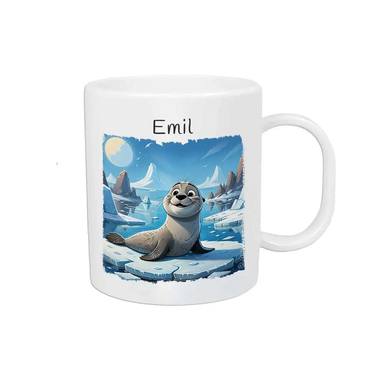 Kindertasse mit Namen | Abenteuer-Seehund - Druckerino