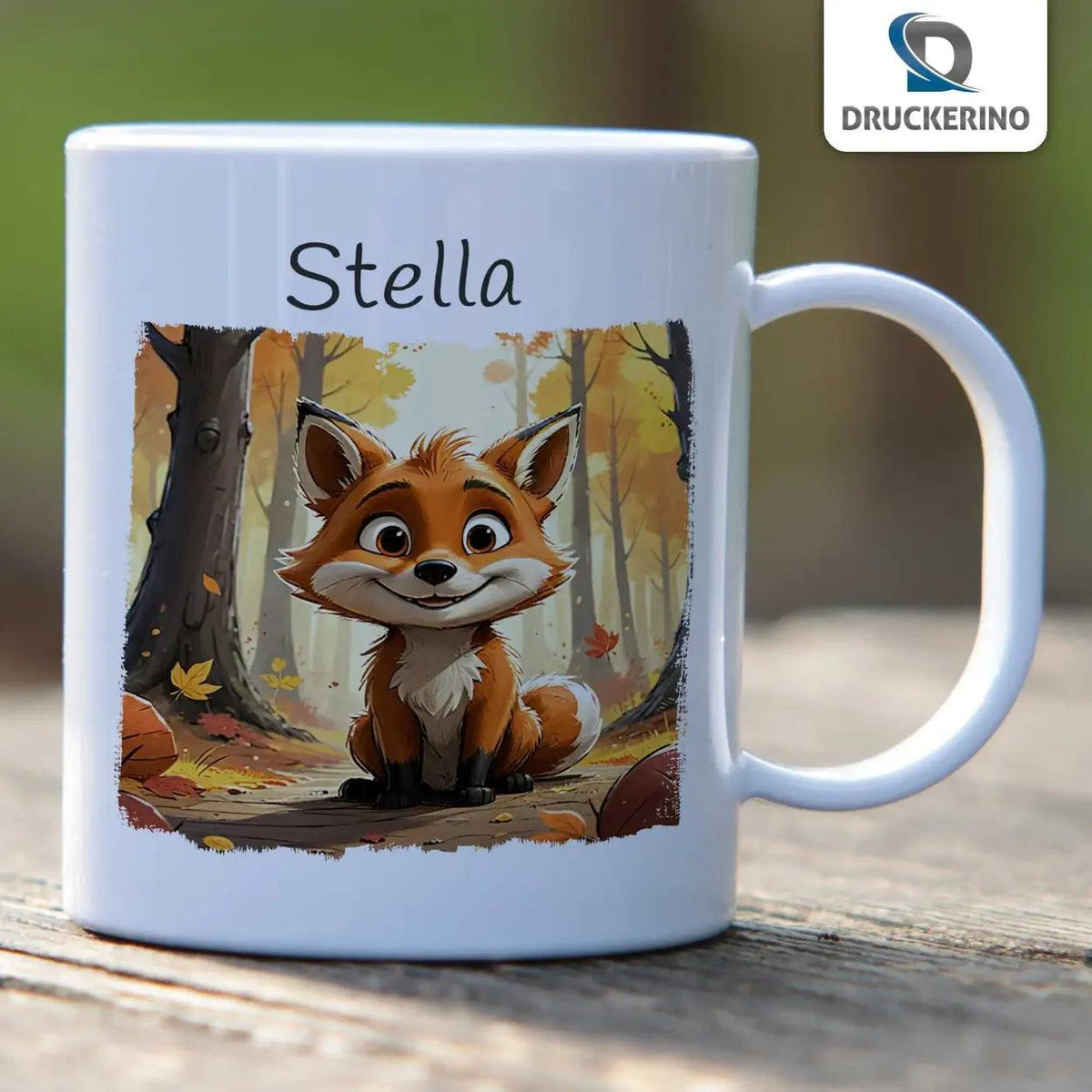 Kindertasse mit Namen | Abenteuerfuchs im Herbstwald - Druckerino