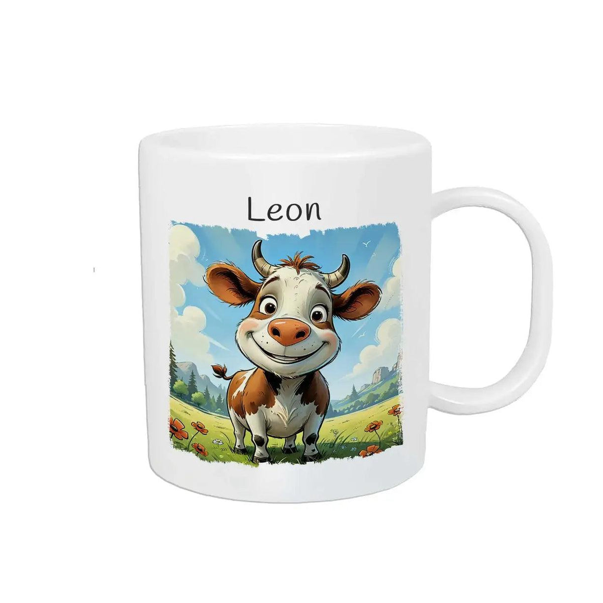 Kindertasse mit Namen | Abenteuerkuh auf der Wiese - Druckerino