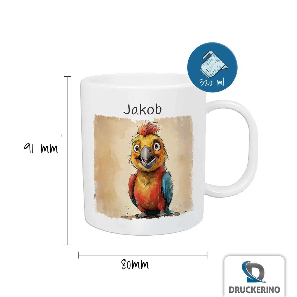 Kindertasse mit Namen | Frecher Papageienfreund - Druckerino